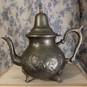 VTG Moroccan Pewter Teapot Berrad Hand-Chased Metal Design